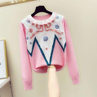 Embroidered Beaded Puff-sleeve Sweater