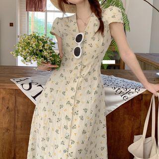 Short-sleeve V-neck Slit Floral Dress