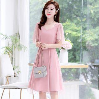 Sequined Short-sleeve A-line Mesh Dress