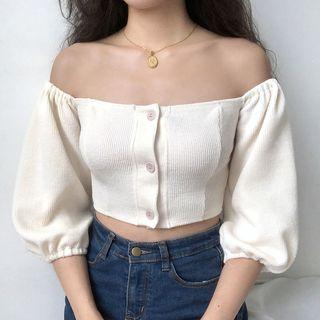 Puff-sleeve Off-shoulder Knit Top