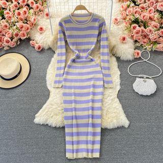 Round Neck Striped Sheath Knit Dress