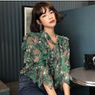 Ruffle Floral Elbow-sleeve Blouse