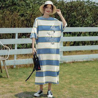 3/4-sleeve Cartoon Printed Striped Midi T-shirt Dress Stripe - Blue - One Size
