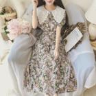 Lace Collar Floral Short-sleeve Midi A-line Dress