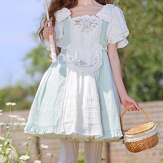 Short-sleeve Square-neck Embroidered A-line Dress