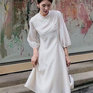 3/4-sleeve Mandanrin Collar Midi A-line Dress