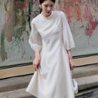 3/4-sleeve Mandanrin Collar Midi A-line Dress