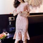 Flower Embroidered Elbow Sleeve Party Dress