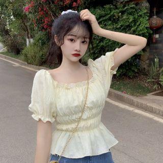 Puff-sleeve Frill Trim Shirred Peplum Top