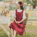 Set: Short-sleeve Frill Trim Blouse + Midi A-line Overall Dress