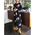 Puff-sleeve Tie-waist Floral Midi Dress