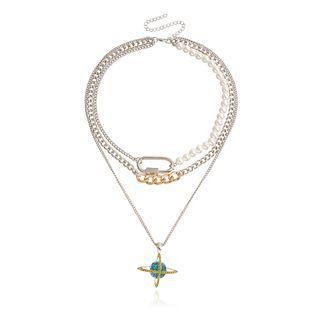 Planet Rhinestone Pendant Layered Faux Pearl Alloy Necklace Silver - One Size