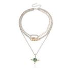 Planet Rhinestone Pendant Layered Faux Pearl Alloy Necklace Silver - One Size