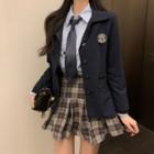 Blazer / Mini A-line Skirt / Tie Neck Shirt