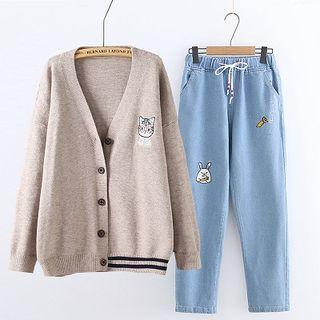 Striped Trim Embroidered Cardigan / Straight Fit Jeans / Set