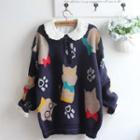 Cat Jacquard Sweater / Lace Collar Blouse / Set