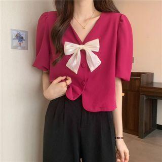 Short-sleeve Bow Button Top