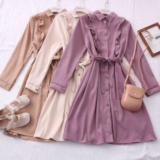 Ruffled-trim Midi Shirtdress With Sash In 6 Colors
