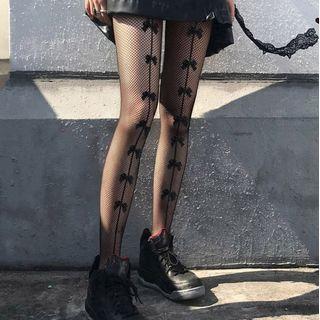 Fishnet Ribbon Tights Bow - One Size