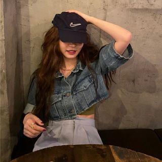 Cropped Short-sleeve Denim Jacket As Shown In Figure - One Size