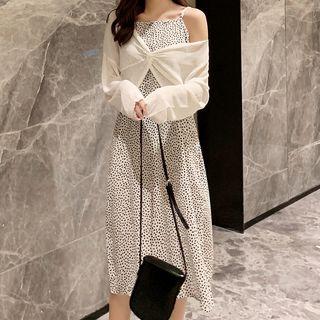 Set: Spaghetti Strap Patterned Dress + Long-sleeve Cropped Top