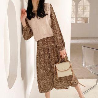 Set: 3/4-sleeve Floral Midi A-line Dress + Knit Top