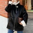 Faux Leather Fleece-lined Zip-up Coat Black - One Size