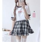 Short-sleeve Embroidered T-shirt / Mini A-line Plaid Skirt