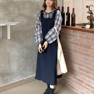 Puff-sleeve Gingham Blouse / Midi Overall Dress