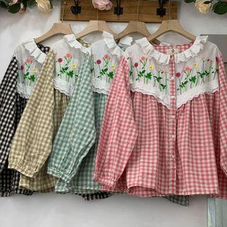 Long-sleeve Embroidered Floral Lace Panel Plaid Blouse