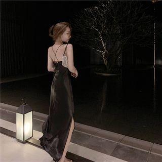 Spaghetti-strap Cross-back Slit Maxi Sheath Dress