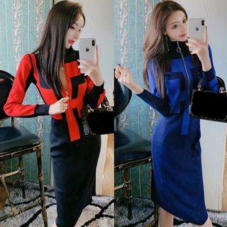 Color Panel Half-zip Knit Sheath Dress