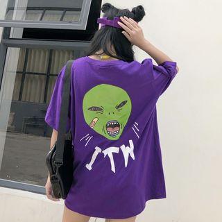 Printed Elbow-sleeve T-shirt Purple - One Size