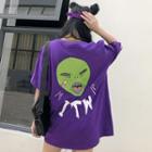 Printed Elbow-sleeve T-shirt Purple - One Size