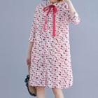 3/4-sleeve Dotted Shirt Dress Pink - One Size