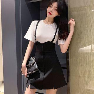 Short-sleeve T-shirt / Suspender Mini A-line Skirt