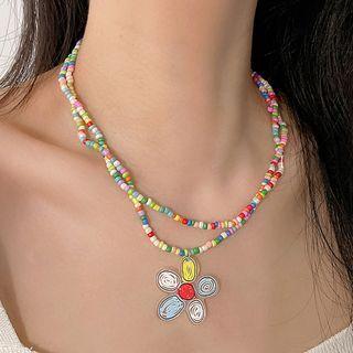 Flower Pendant Layered Bead Choker