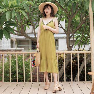 V-neck Beaded Midi Spaghetti Strap Dress