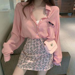 Long-sleeve Shirt / Leopard Print A-line Mini Skirt