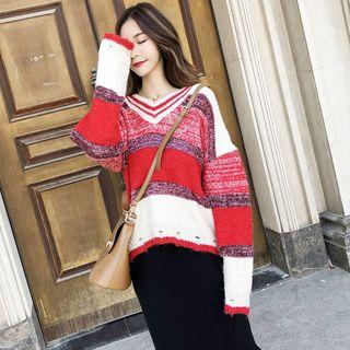 V-neck Long-sleeve Color Block Sweater