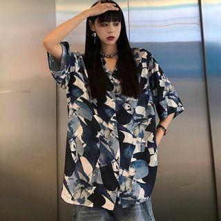 Elbow-sleeve Printed Shirt Blue & White - One Size