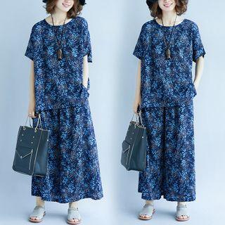Set: Short-sleeve Floral Print Top + Wide Leg Pants Set Of 2 - Blue - One Size