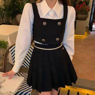 Long-sleeve Shirt / Sleeveless Crop Top / Pleated Mini A-line Skirt