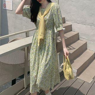 Set: Short-sleeve Flower Print Midi A-line Dress + Cape