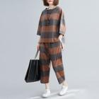 Set: 3/4-sleeve Plaid Blouse + Straight-cut Pants