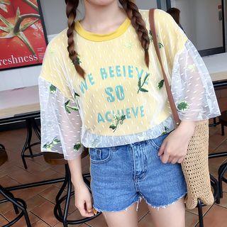 Embroidered Mesh Panel 3/4 Sleeve T-shirt