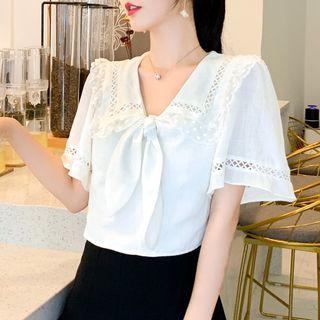 Short-sleeve Tie-neck Collared Top
