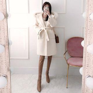 Faux-fur Hooded Wool Blend Coat With Sash