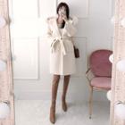 Faux-fur Hooded Wool Blend Coat With Sash