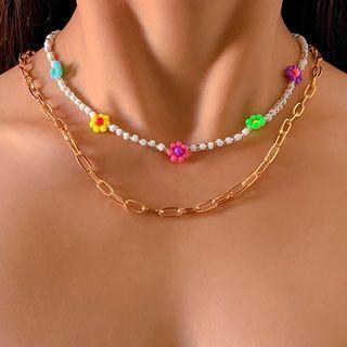 Set Of 2 / 3 : Flower Faux Pearl Choker / Alloy Necklace